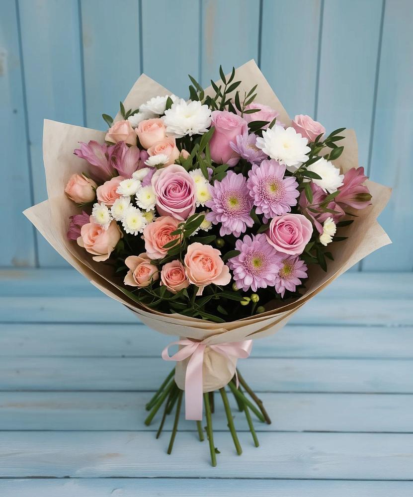 Букет цветов из: Хризантемы, Розы и Альстромерии в Чегеме-Втором