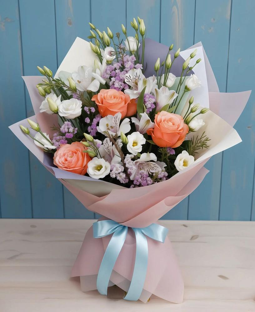 Букет цветов из: Лизиантусы, Розы, Альстромерии и Гипсофила в Чегеме-Втором