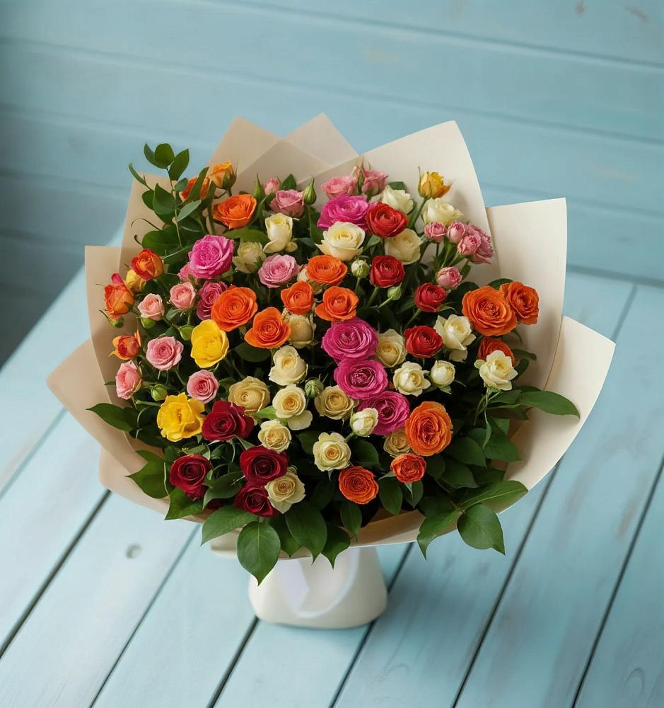 Букет Микс из разноцветных кустовых роз в Чегеме-Втором