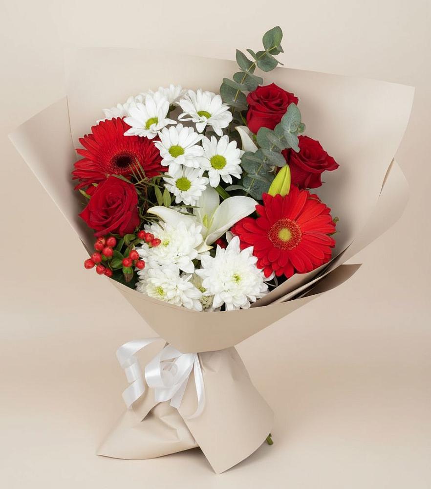 Букет цветов из: Розы, Хризантемы, Герберы и Лилии в Чегеме-Втором