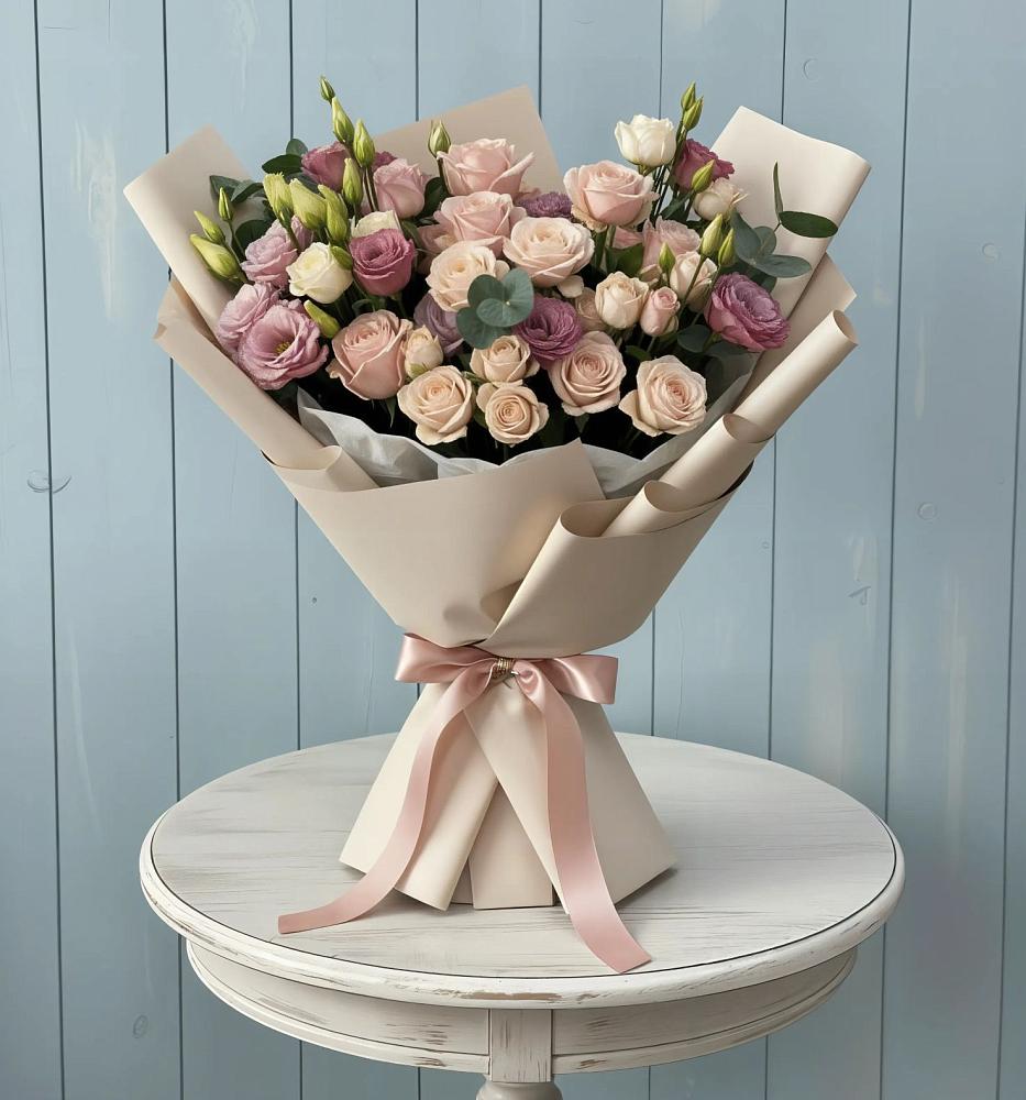 Букет цветов из: Розы и Лизиантусы в Чегеме-Втором