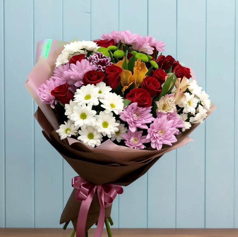 Букет цветов из: Розы, Хризантемы и Альстромерии в Чегеме-Втором