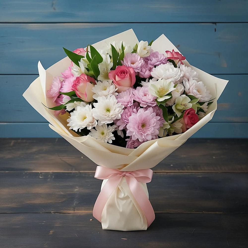 Букет цветов из: Хризантемы, Альстромерии и Розы в Чегеме-Втором